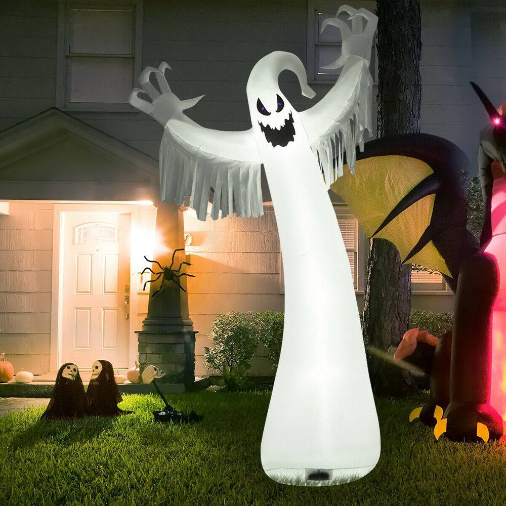 12 feet Halloween inflatable ghost with LED lights, perfect for spooky outdoor decor and nighttime displays.