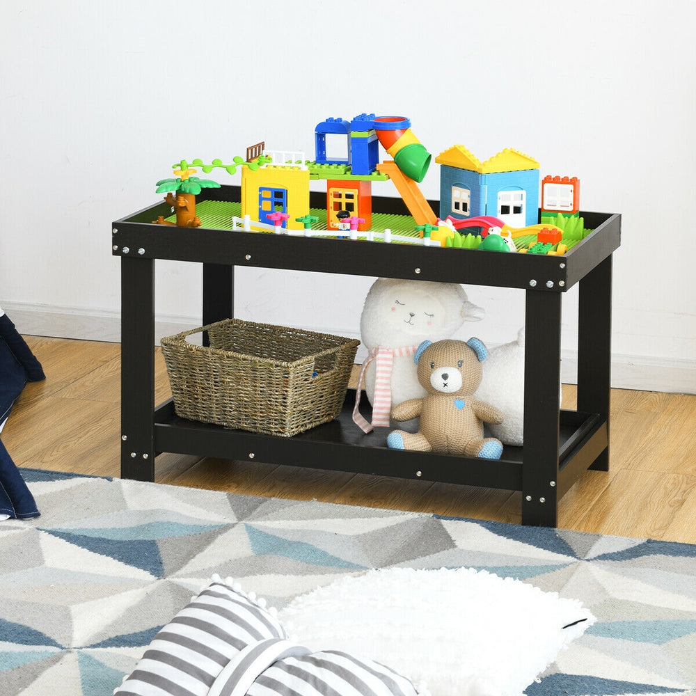 Dark brown multifunctional wood kids activity play table with storage, ideal for learning and playtime.