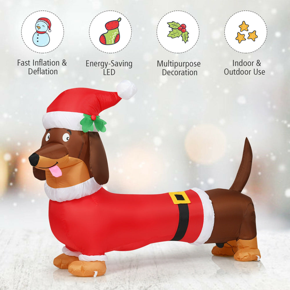 5-foot inflatable Christmas dog wearing a Santa hat, made of durable polyester, perfect for indoor and outdoor.