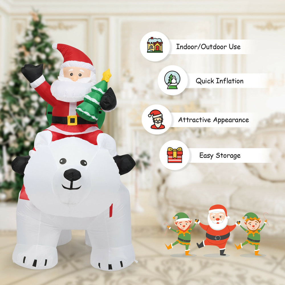 Christmas inflatable Santa riding a polar bear, 6.5 feet tall, with LED lights for festive indoor and outdoor.