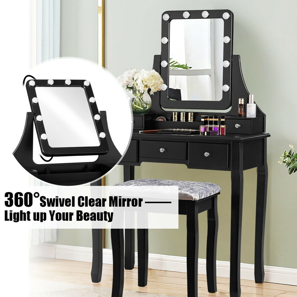 Vanity dressing table set in black with 360° swivel mirror, 10 dimmable bulbs, and cushioned stool for comfortable use.