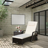 Cushioned outdoor recliner chaise lounge with adjustable backrest and PE rattan, perfect for patio or poolside.