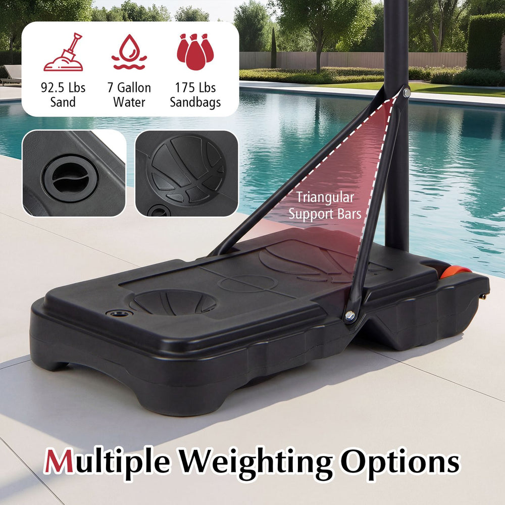 Height-adjustable kids basketball hoop with fillable base, shown beside a pool with 7 gallons water or 92.5 lbs sand capacity.