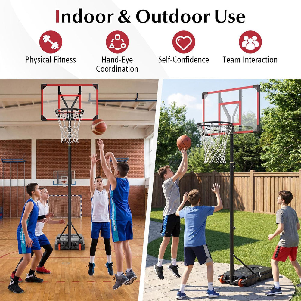 Kids basketball hoop with adjustable 5.3–7.5 ft height and fillable base for indoor and outdoor play.