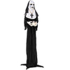 Life-size 5.3 FT animated nun decoration with a flickering candle, perfect for Halloween yard displays and themed parties.