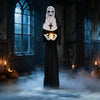 Life-size 5.3 FT animated nun Halloween decoration with a flickering candle, perfect for spooky themed parties and yards.