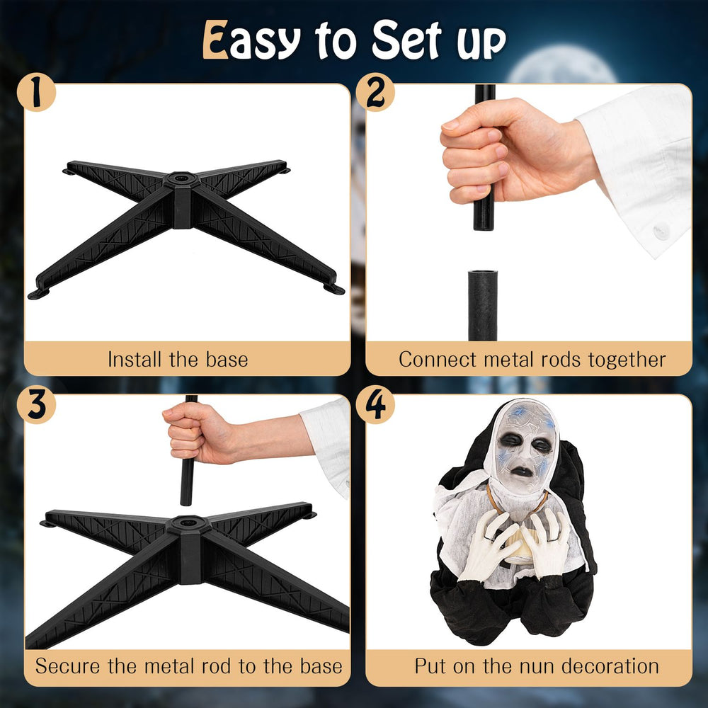 Animated 5.3 FT nun Halloween decoration features a spooky face, flickering candle light, and easy tool-free assembly.