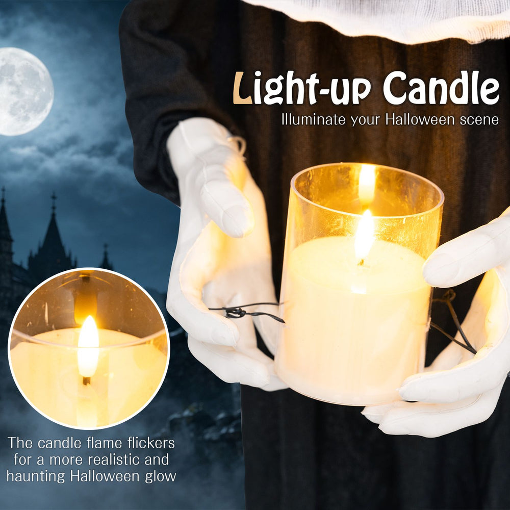 Life-size animated nun decoration holding a flickering light-up candle for a haunting Halloween atmosphere.