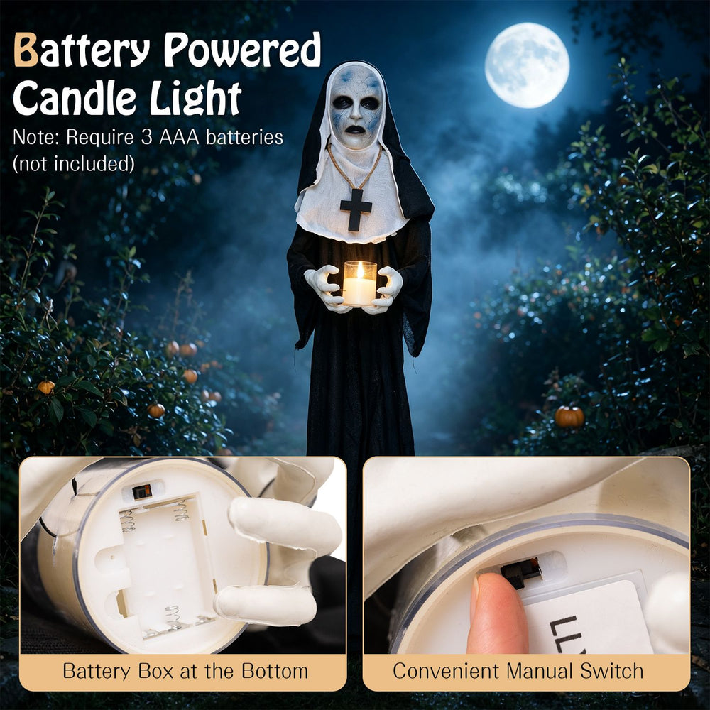 Life-size animated nun Halloween decoration with flickering candle light, ideal for spooky outdoor scenes and parties.