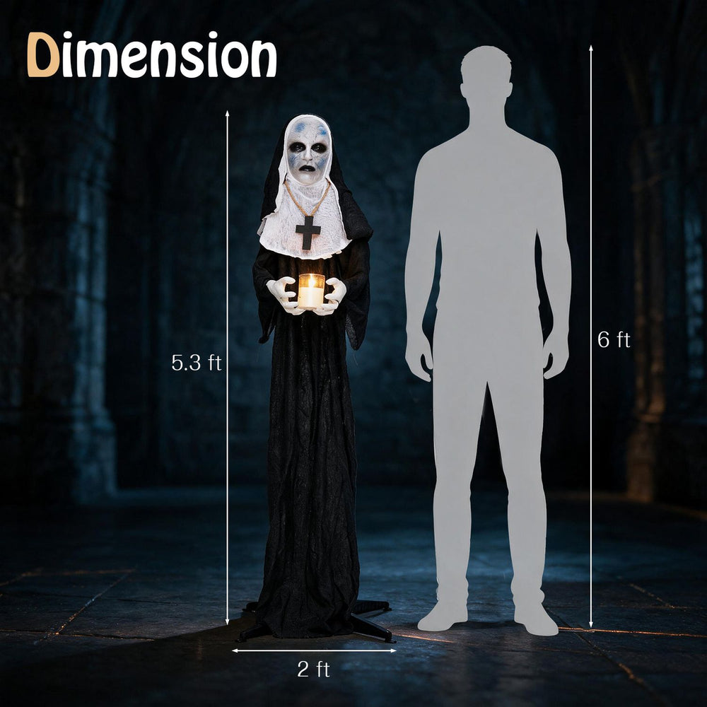Life-size 5.3 FT animated nun Halloween decoration with a flickering candle, perfect for spooky themed parties and outdoor displays.