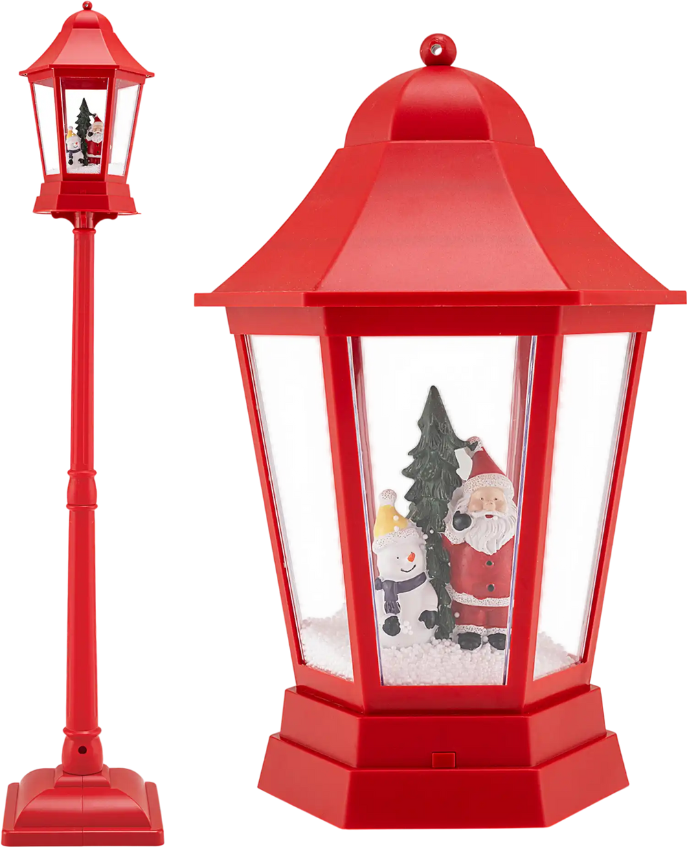 Red 5.3 feet musical Christmas street lamp with Santa and snowman scene, LED lights, and swirling snow for festive.