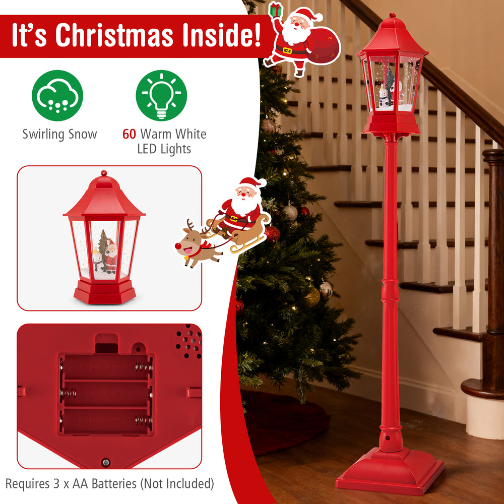 5.3 feet red musical Christmas street lamp with swirling snow and 60 LED lights, perfect for festive holiday decor.