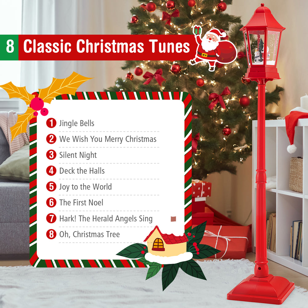 5.3 feet red musical Christmas street lamp with LED lights and blowing snow, perfect for festive holiday decor.