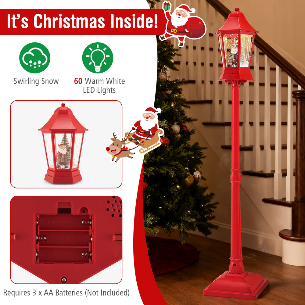 Red 5.3 feet musical Christmas street lamp with swirling snow, 60 LED lights, perfect for festive holiday decor.