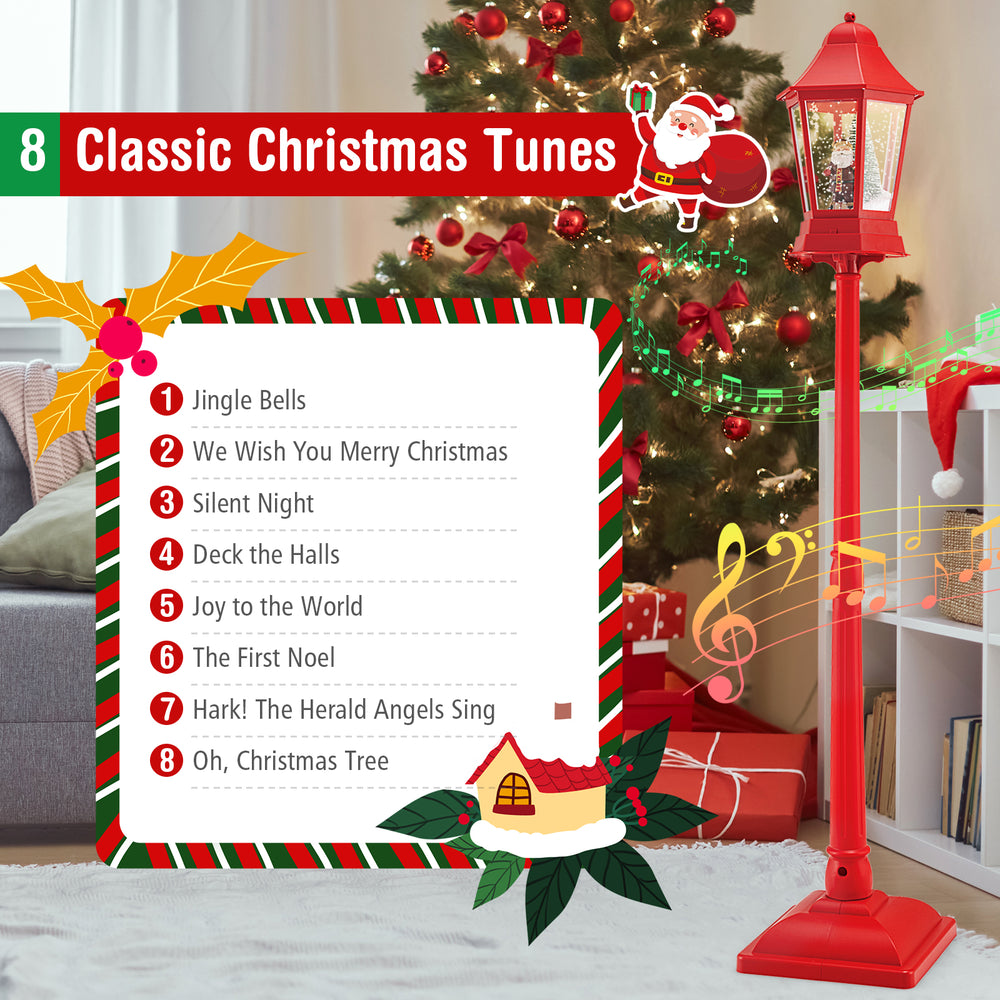 5.3 feet red musical Christmas street lamp with 60 LED lights, featuring Santa and snowman, perfect for festive decor.