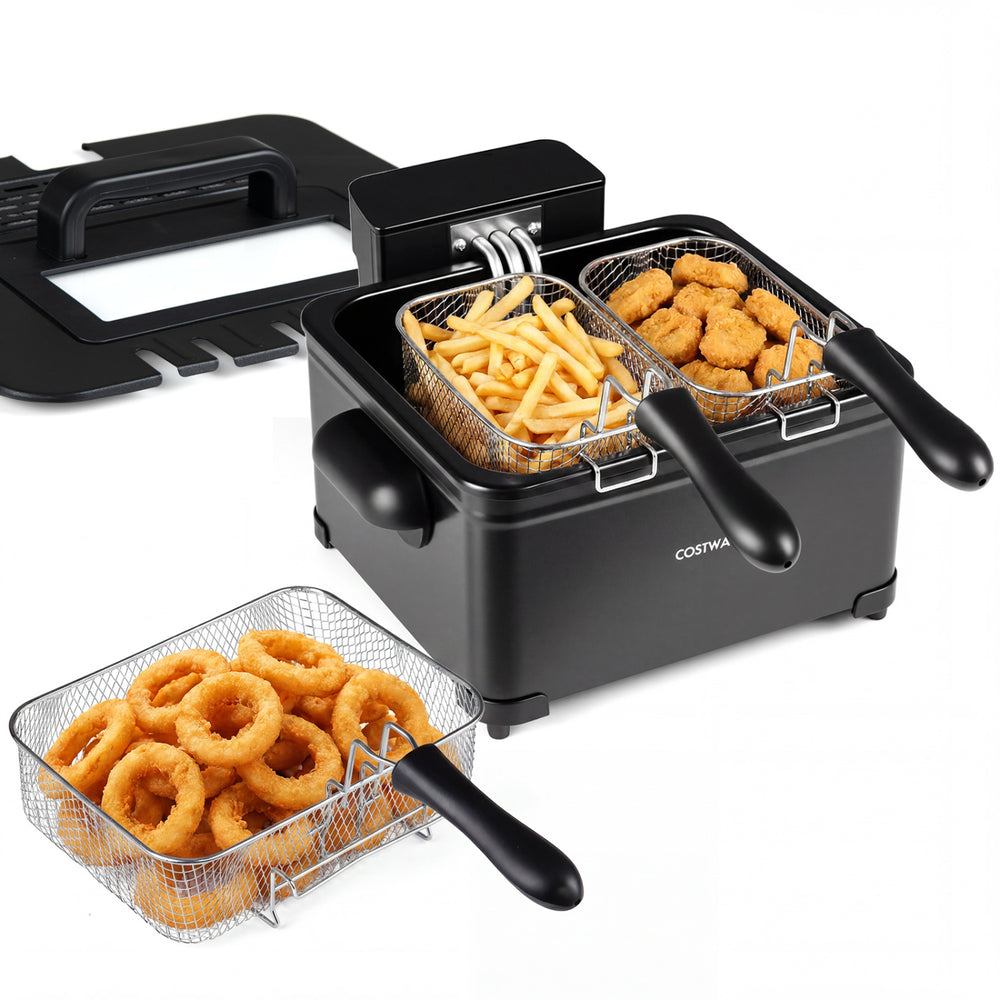 Electric deep fryer with three baskets, 5.3-Qt capacity, LED touch screen, and six presets for versatile cooking.