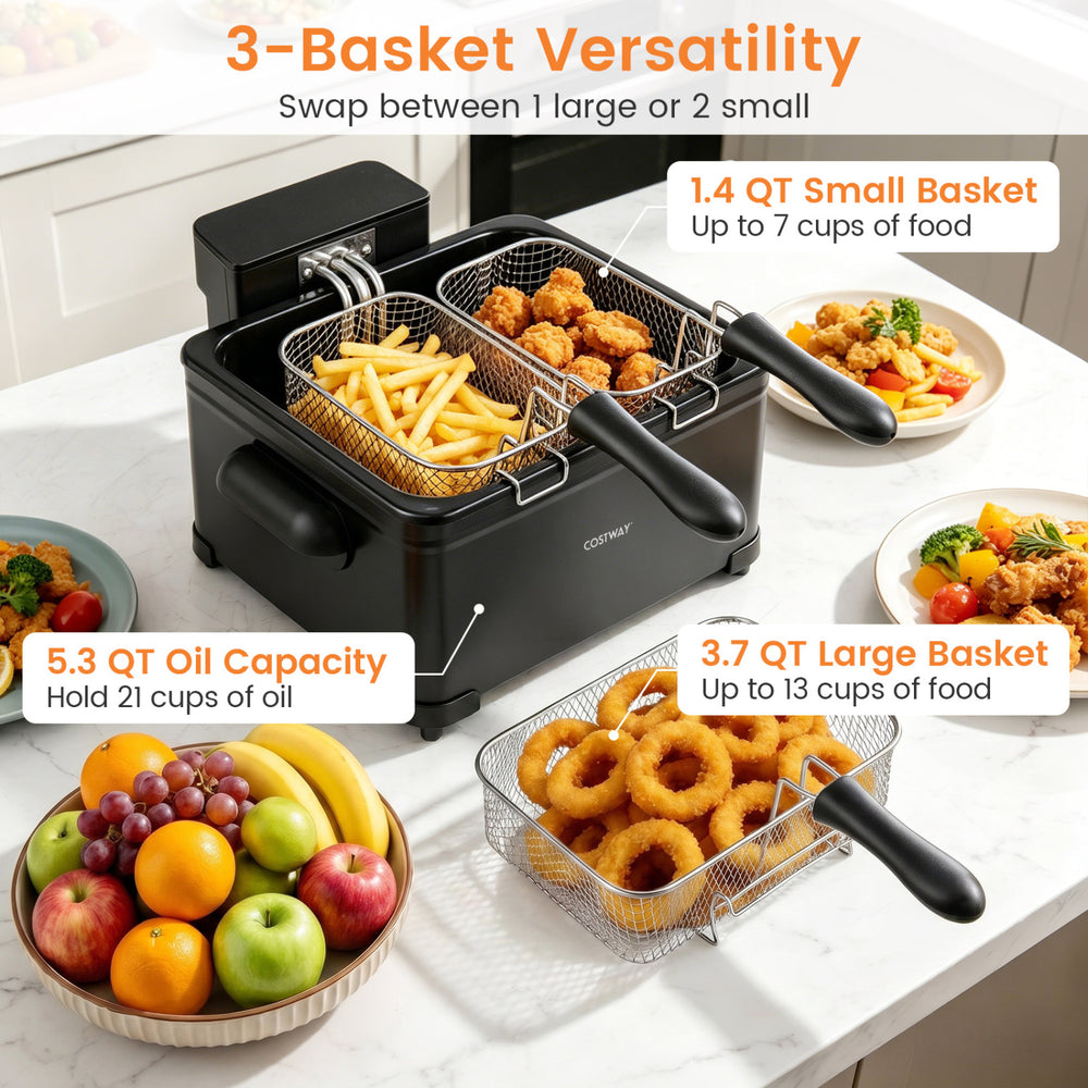 Electric deep fryer with 3 baskets, 5.3 QT capacity, LED touch screen, and 6 presets for versatile cooking.