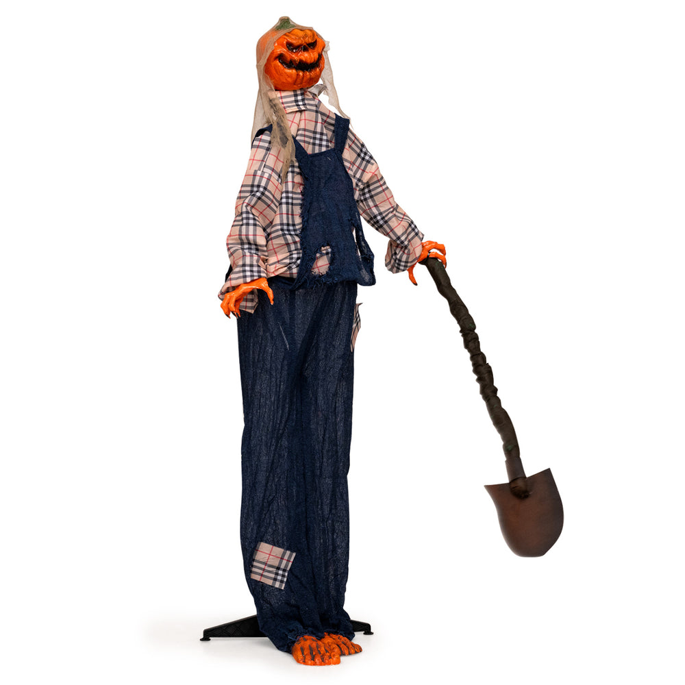 5.3 ft Halloween decoration showcases a spooky figure in overalls with a shovel, glowing red eyes, and lifelike movement.