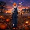 Halloween decoration featuring a 5.3 ft pumpkin figure with glowing red eyes, shovel, and lifelike movements for outdoor fright.