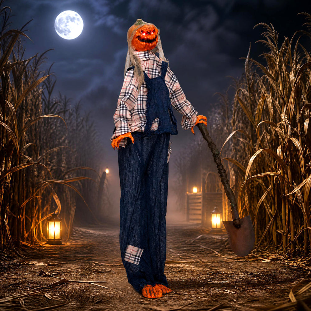 Lifelike 5.3 ft Halloween decoration with glowing red eyes, shovel, and moving pumpkin head for an eerie outdoor display.