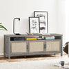 Gray TV stand featuring a large top panel for TVs up to 65 inches, with three cabinets and elegant retro design.