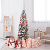 Snow flocked 6 feet pre-lit pencil Christmas tree with 250 LED lights, perfect for festive corner displays.