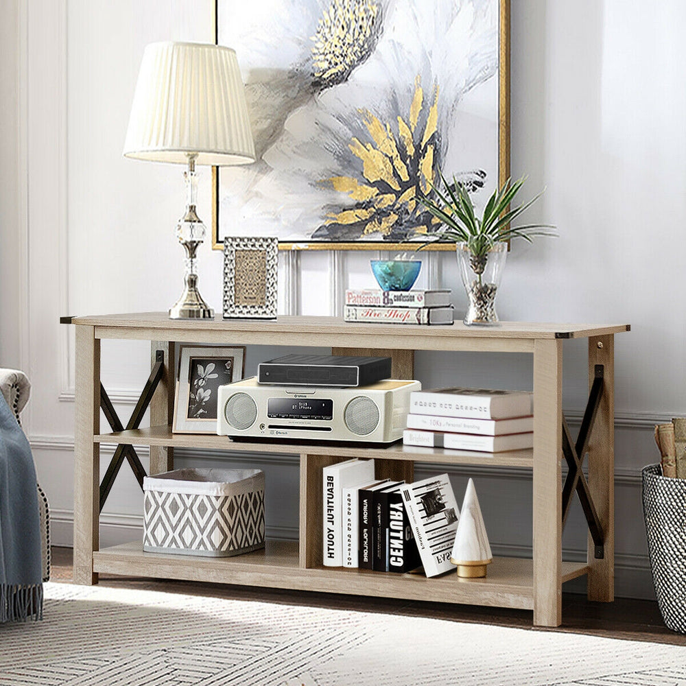 3 Tier Wood TV Stand for 55-Inch with Open Shelves and X-Shaped Frame-Gray - Gallery View 1 of 12