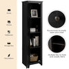 Tall black linen tower bathroom storage cabinet with four shelves, round knob, and raised feet for damp areas.