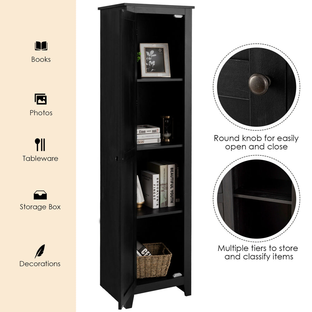 Tall black linen tower bathroom storage cabinet with four shelves, round knob, and raised feet for damp areas.