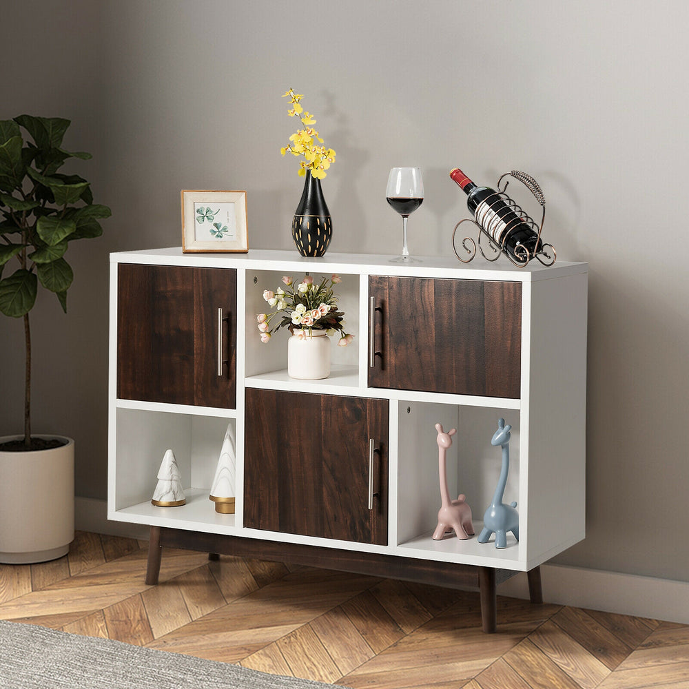 Wood display sideboard storage cabinet with 6 compartments, featuring espresso grained doors for modern home.
