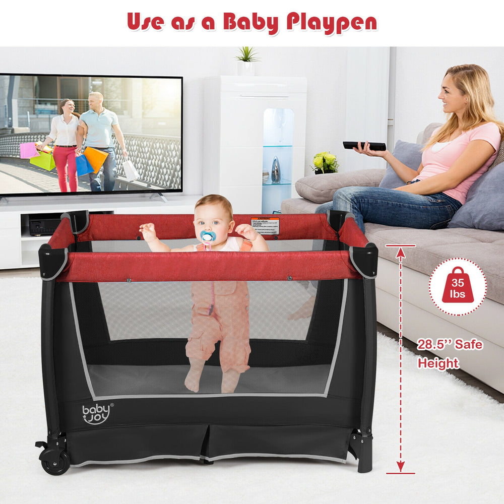 4-in-1 convertible portable baby play yard in red, featuring a safe height of 28.5", toys, and music player for.