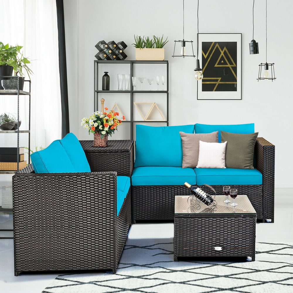 Turquoise cushioned loveseat from a 4-piece outdoor patio rattan furniture set, ideal for stylish indoor or outdoor use.