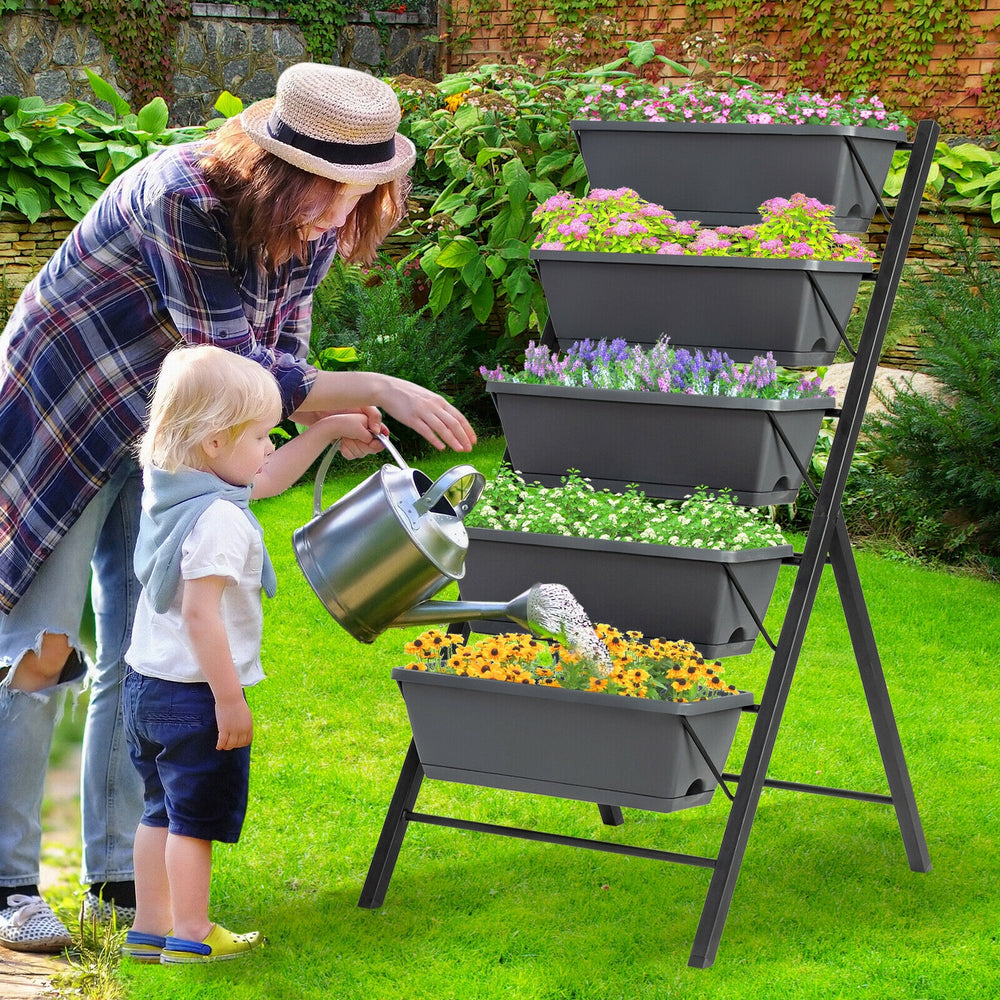 5-tier raised garden bed with water drainage, featuring durable PP material and ergonomic design for flowers and.