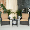 Two cushioned rattan chairs and a storage table with shelf, perfect for outdoor patio or garden relaxation.