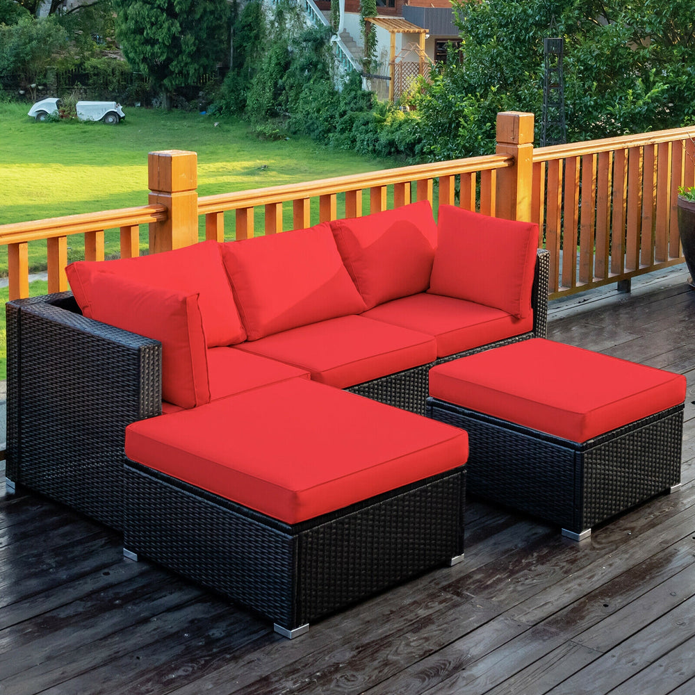 Red L-shaped patio rattan sofa set with removable cushions, showcasing its stylish design for versatile outdoor.
