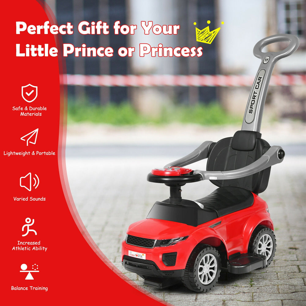 Red 3-in-1 ride-on push car for toddlers, featuring a removable handle, music, and storage space, ideal for ages 12-36.