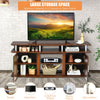 63-inch walnut TV entertainment console with 2 cabinets and open shelves, ideal for living room storage and decor.