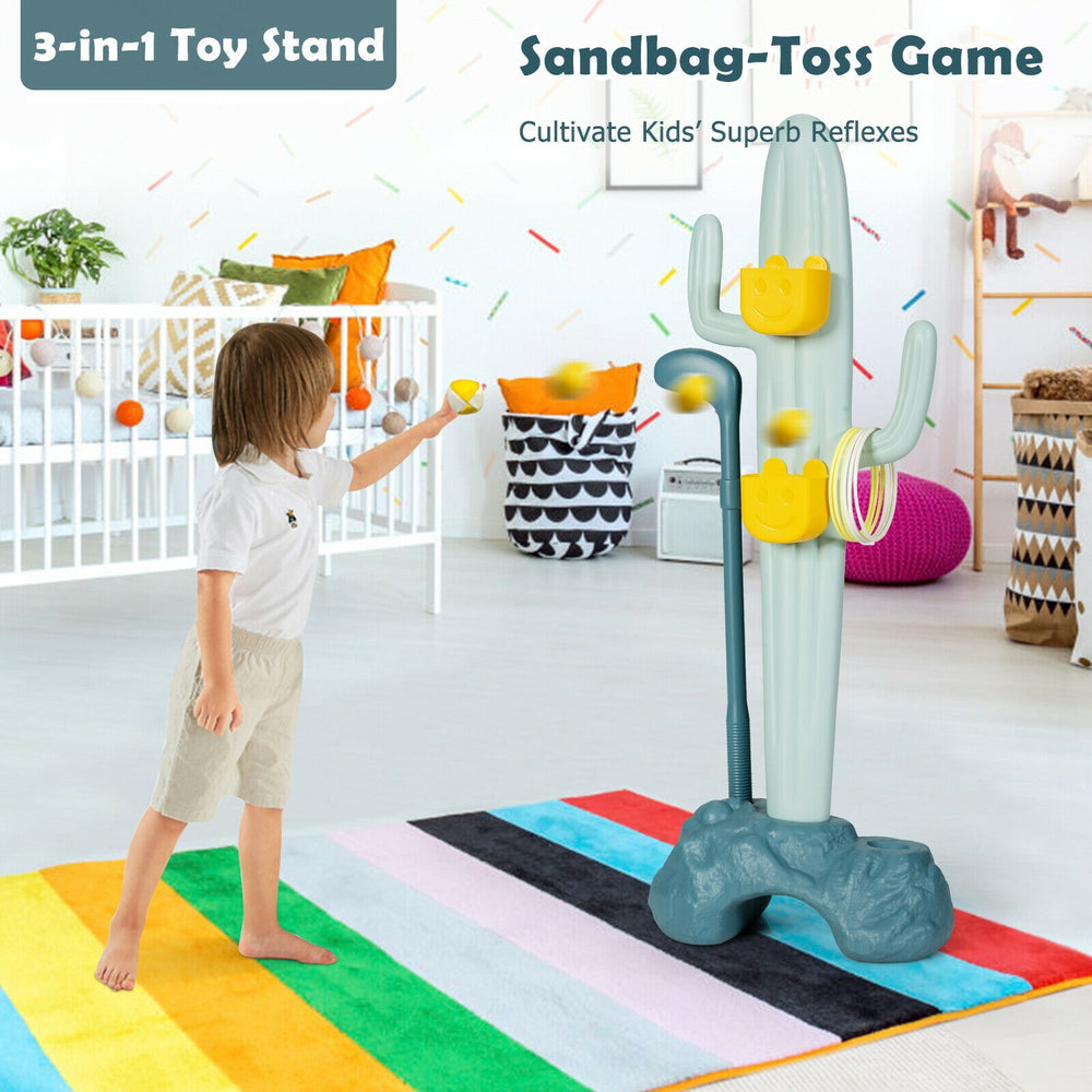 Cactus toy stand featuring golf, ring-toss, and sandbag-toss games, designed for kids' fun and skill development.