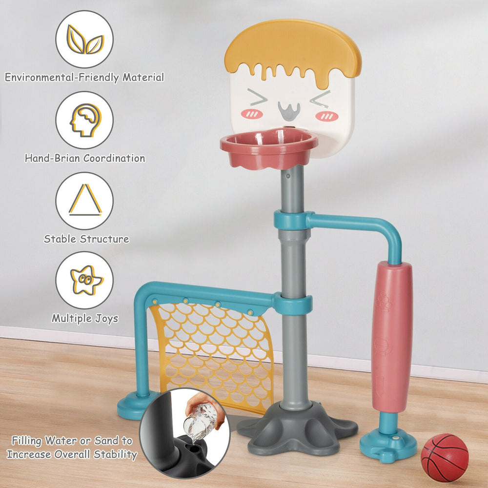 Height adjustable 3-in-1 basketball stand set with soccer goal and roller, made from ASTM certified PE material for.