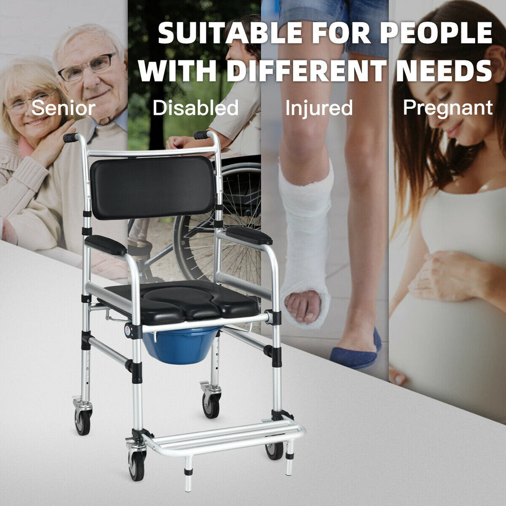 2-in-1 aluminum commode shower wheelchair with locking casters, adjustable height, and removable toilet for versatile.