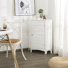 White corner storage cabinet with shutter door, adjustable shelf, and triangular structure for efficient space use.