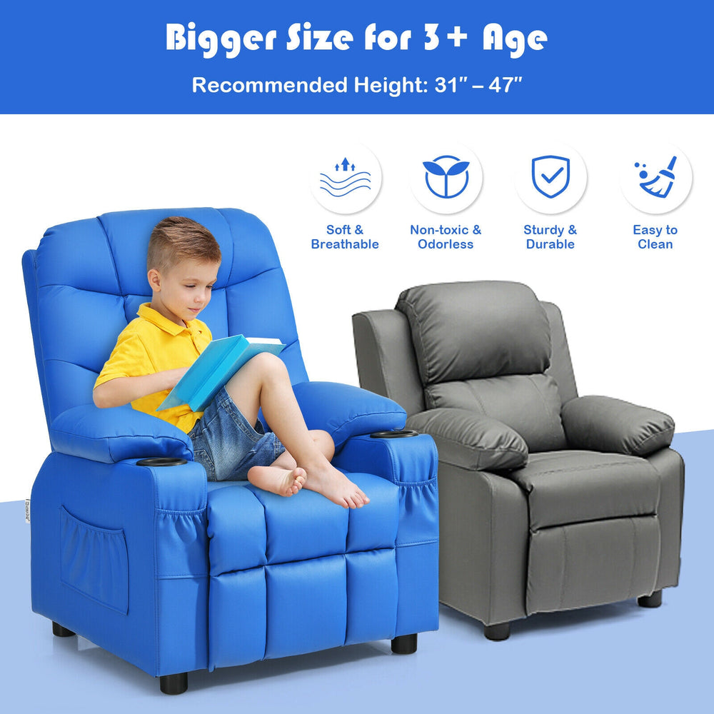 Kids recliner chair in blue with cup holder and footrest, designed for comfort and stability, ideal for ages 3 and up.