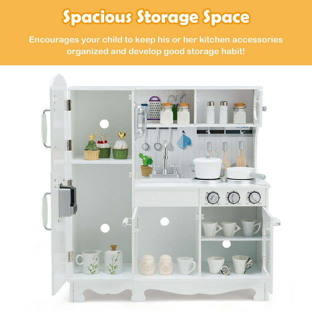 Kitchen pretend play cookware set for kids featuring a water dispenser, removable sink, and ample storage for.