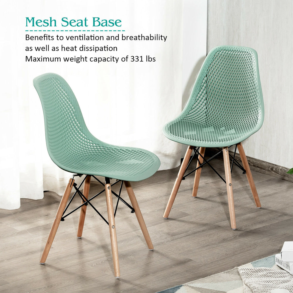 Modern green plastic hollow chair set with wood legs, featuring breathable mesh design and 331 lbs weight capacity.