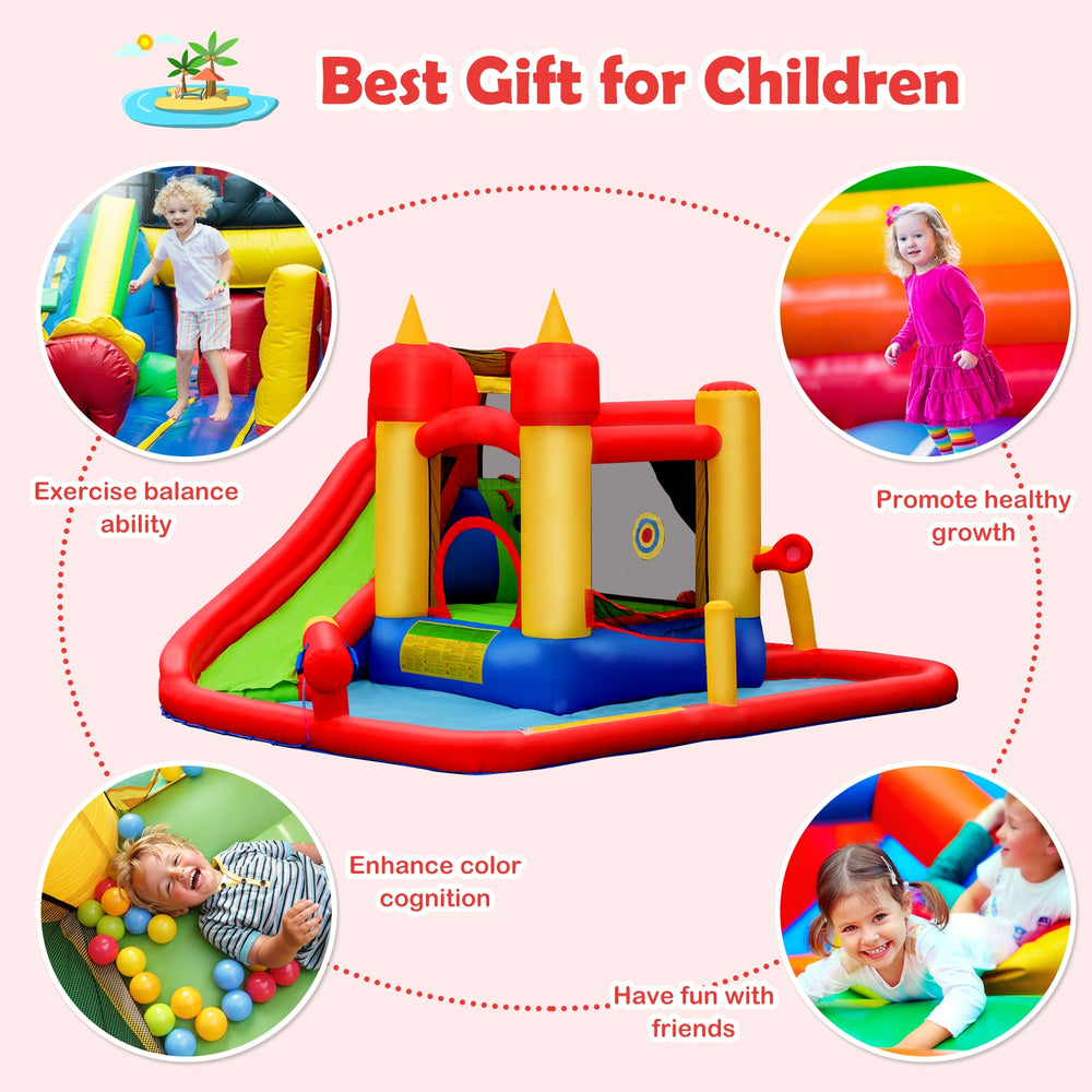 Inflatable water slide bounce house with climbing wall, splash pool, and water cannon for summer fun and exercise.