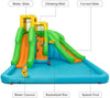 Inflatable water park with double slides, climbing wall, splash pool, and water cannon for outdoor fun and exercise.