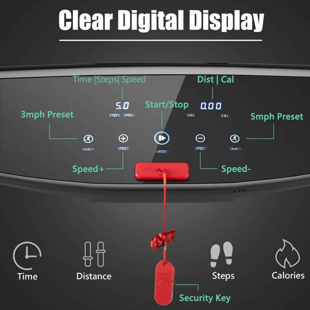 Digital display of the 3HP electric folding treadmill showing time, speed, distance, and calories for effective.
