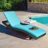 Turquoise patio folding adjustable rattan chaise lounge chair with thick cushion, perfect for poolside relaxation.