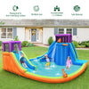 Colorful 6-in-1 inflatable water slide bounce house with dual slides, water sprayers, and built-in water guns for kids.