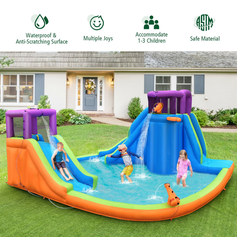 Colorful 6-in-1 inflatable water slide bounce house with dual slides, water sprayers, and built-in water guns for kids.